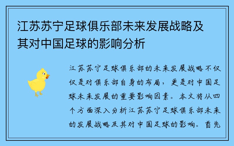 江苏苏宁足球俱乐部未来发展战略及其对中国足球的影响分析