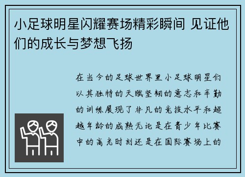 小足球明星闪耀赛场精彩瞬间 见证他们的成长与梦想飞扬