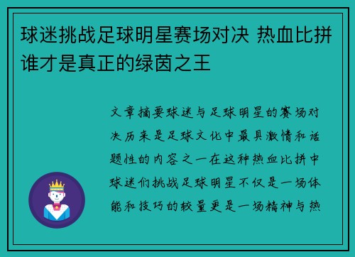 球迷挑战足球明星赛场对决 热血比拼谁才是真正的绿茵之王